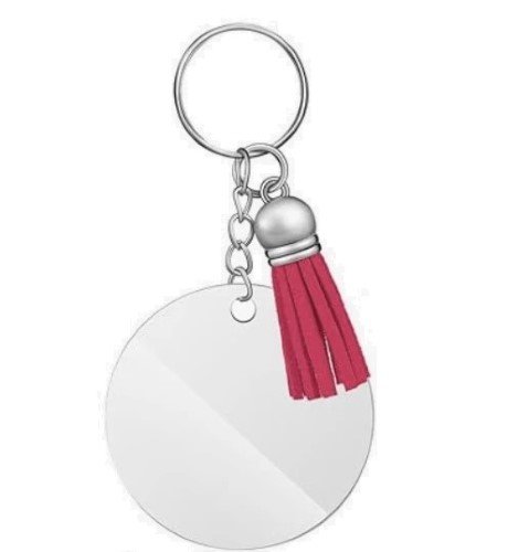 LLAVERO DE ACRILICO REDONDO 5CM CON BORLA PLATEADA (10PZ)