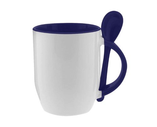 TAZA DE CERAMICA BLANCA INTERIOR AZUL PARA SUBLIMAR 11OZ CON CUCHARILLA