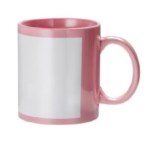 TAZA DE CERAMICA ROSADA CON PARCHE BLANCO PARA SUBLIMAR 11OZ