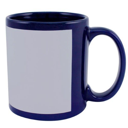 TAZA DE CERAMICA AZUL CON PARCHE BLANCO PARA SUBLIMAR 11OZ