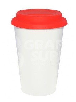 TAZA DE CERAMICA PARA CAFE CON TAPA DE SILICON ROJO 250ML