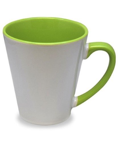 TAZA CONICA DE CERAMICA CON ASA DE COLOR E INTERIOR VERDE 12OZ