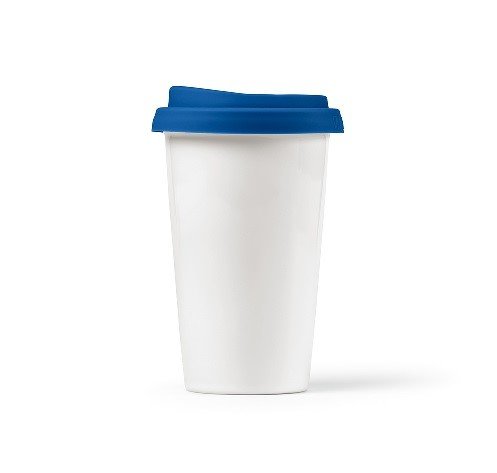 TAZA DE CERAMICA PARA CAFE CON TAPA DE SILICON AZUL 250ML