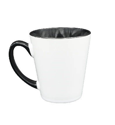 TAZA CONICA DE CERAMICA CON ASA DE COLOR E INTERIOR NEGRO 12OZ