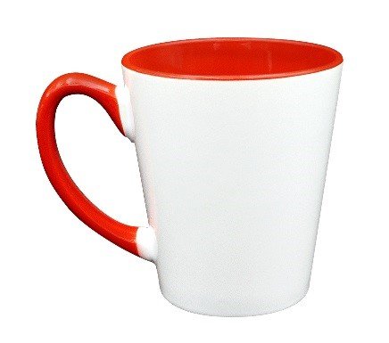 TAZA CONICA DE CERAMICA CON ASA DE COLOR E INTERIOR ROJO 12OZ