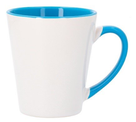 TAZA CONICA DE CERAMICA CON ASA DE COLOR E INTERIOR AZUL CLARO 12OZ