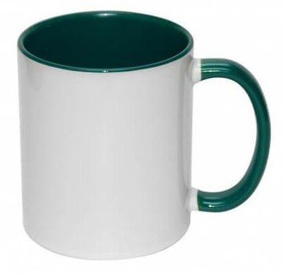 TAZA DE CERAMICA CON ASA DE COLOR E INTERIOR VERDE 11OZ