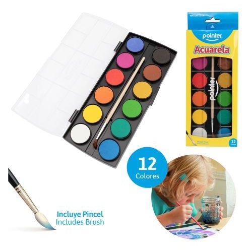 ACUARELA 12 COLORES BRILLANTES CON PINCEL POINTER