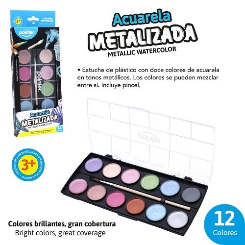 ACUARELA 12 COLORES METALIZADOS CON PINCEL POINTER